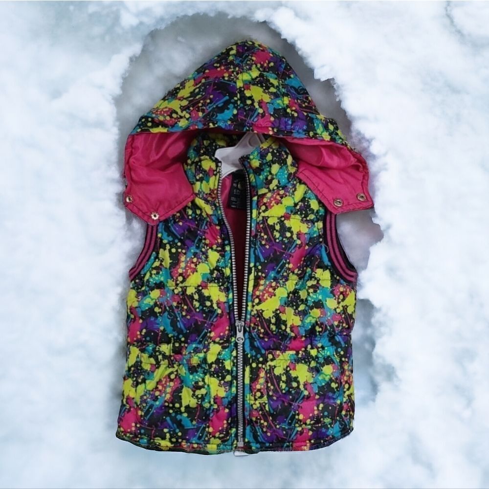 Enyce Puffer Vest Toddler Girls 4T Black Paint Splatter Quilted Kids Jacket Hood
